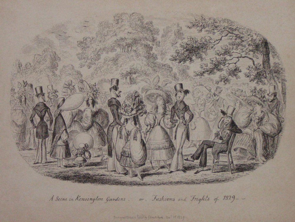 Etching - A Scene in Kensington Gardens - or - Fashions and Frights of 1829 - Cruikshank